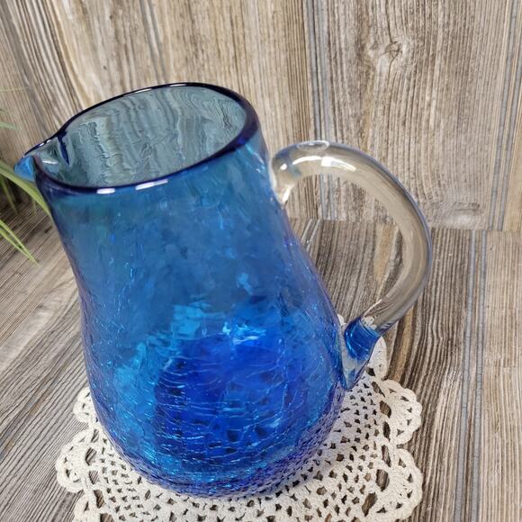 Vintage Blue Crackle Glass Pitcher Mid Century Decor - Picture 3 of 5
